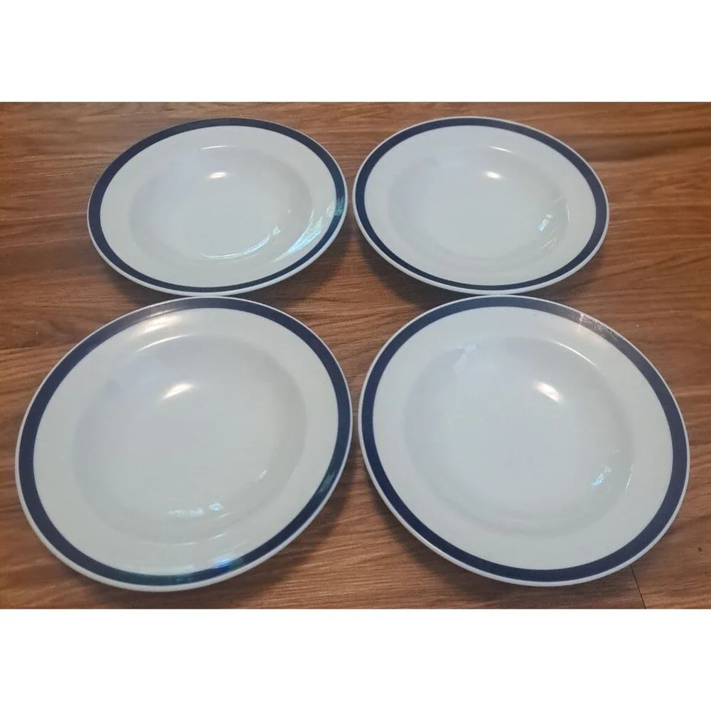 Williams Sonoma Brasserie Rimmed Soup Bowls Set Of 4 White Blue Stripe Japan
